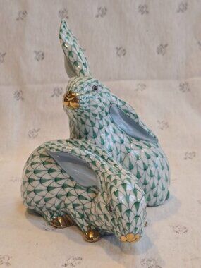 Herend Pair of Rabbits Ear Up Green